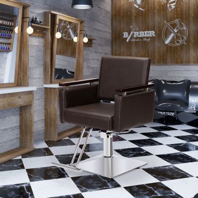 Hydraulic Barber Chair with Wooden Armrests, 360 Degree Rotation and Height Adjustment, Dark Brown