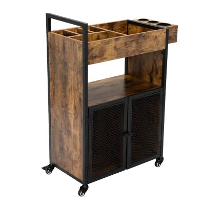 Wood Salon Trolley Cart with Storage Hair Dryer Holders Metal Doors Charging Station, Rustic