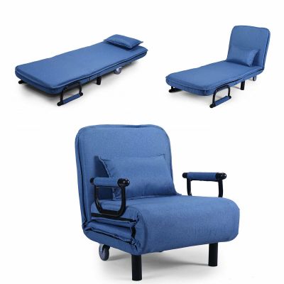 Extra Long Blue Convertible Single Bed Chair Sleeper Chair That Turns Into A Bed W/ 2 Caster