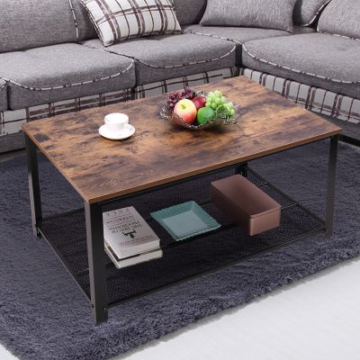 2 Tier Rectangular Wood Cocktail Coffee Table with Shelf