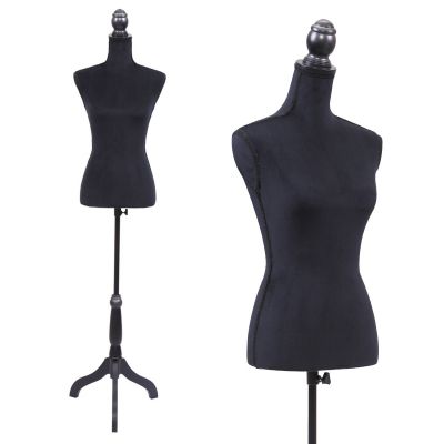Female Mannequin Torso Clothing Display Rack, Clothes Stand, w/ Black Flannel and Tripod Stand, Black