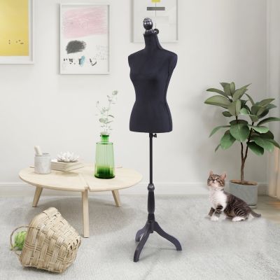 Female Mannequin Torso Clothing Display Rack, Clothes Stand, w/ Black Flannel and Tripod Stand, Black