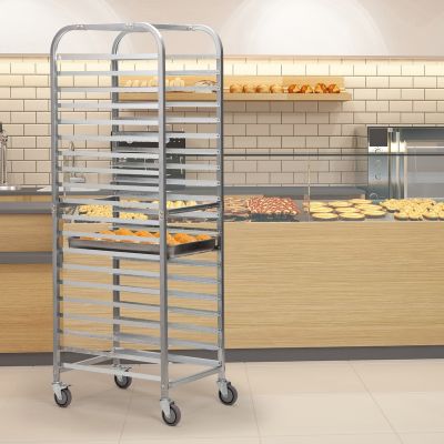 20-Tier Bun Pan Bakery Rack, Galvanized Iron Pan Rack with 4 Wheels for Kitchen, Silver