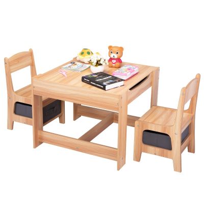 3 In 1 Children Activity Wood Table and Chair Set with Storage Drawers, Natural +Gray