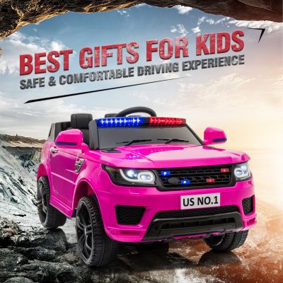 RC 12V Powered Kids Ride On Police Car W/Megaphone-Pink