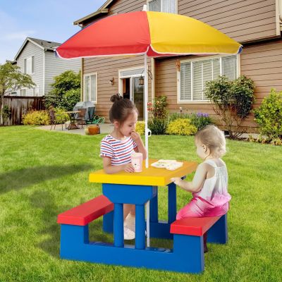 Table and Bench Set for Toddlers Indoors and Outdoors, 2-4 Years, Red Yellow and Blue