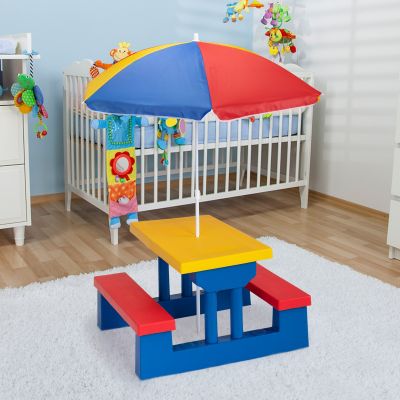 Kids Picnic Table with Removable Umbrella, Table and Bench Set for Toddlers Indoor and Outdoor, Red+Yellow+Blue