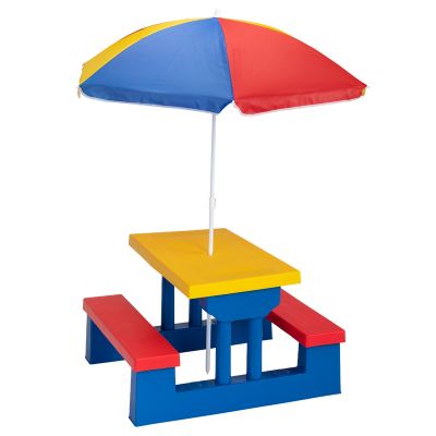 Kids Picnic Table with Removable Umbrella, Table and Bench Set for Toddlers Indoor and Outdoor, Red+Yellow+Blue
