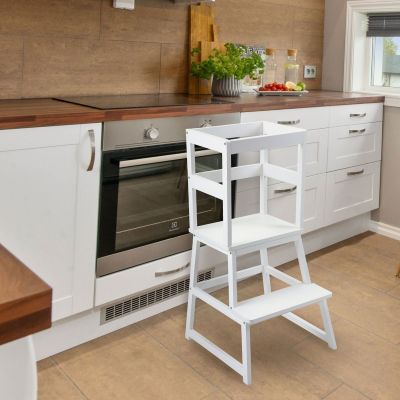 Kid Step Stool with Safety Rail, Children Kitchen Helper Tower for Toddler 18 Months to 3 Years Old, White