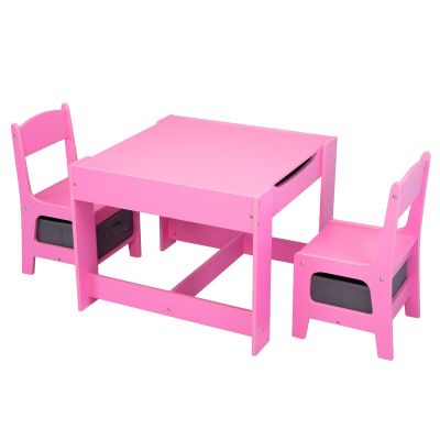 3 In 1 Children Activity Wood Table and Chair Set, Kids Study Play Desk Set w/ Storage Drawers, Convertible Tabletop for Drawing, Pink + Gray