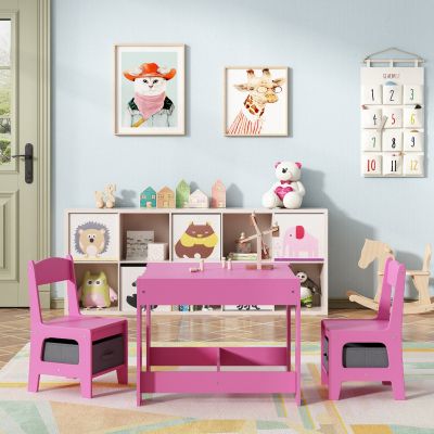 3 In 1 Children Activity Wood Table and Chair Set, Kids Study Play Desk Set w/ Storage Drawers, Convertible Tabletop for Drawing, Pink + Gray
