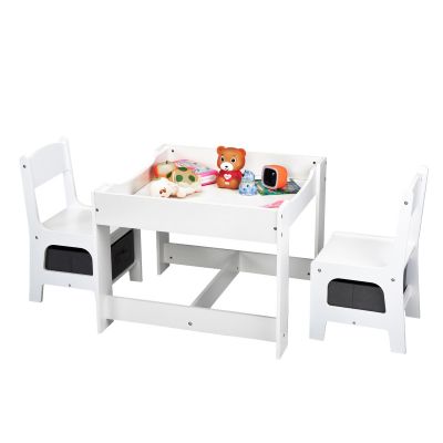 3 In 1 Children Activity Wood Table and Chair Set, Kids Study Play Desk Set w/ Storage Drawers, Convertible Tabletop for Drawing, White+Gray