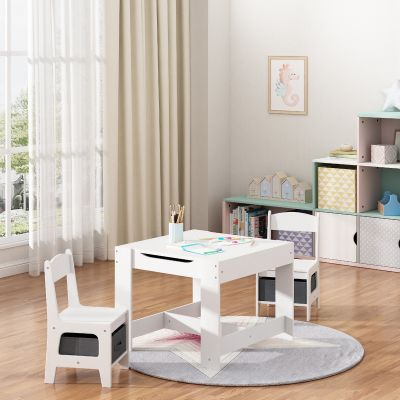 3 In 1 Children Activity Wood Table and Chair Set, Kids Study Play Desk Set w/ Storage Drawers, Convertible Tabletop for Drawing, White+Gray