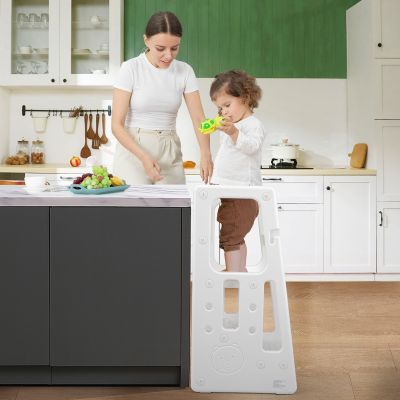 Skid-proof Toddler’s Kitchen  Step Stool Standing Helper w/ Height Adjustable Step, Safety Rails, White