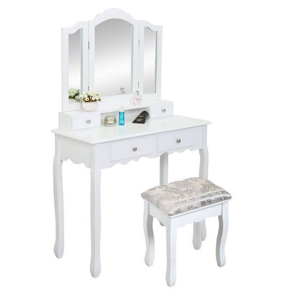 Modern Vanity Desk With Tri Folding, Triple Mirror Vanity Desk