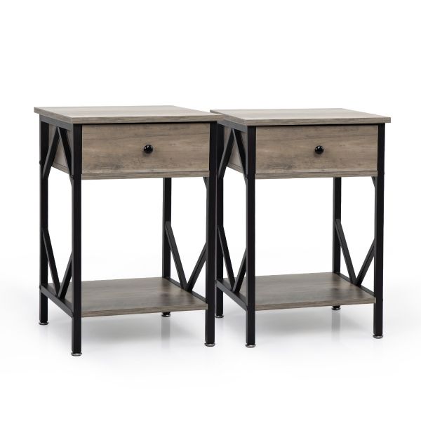 Industrial Wood Nightstand Accent End Table with Metal Frame Set
