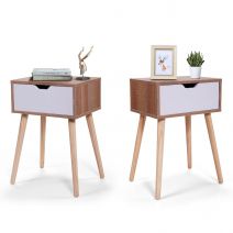  Modern End Side Table W/White Drawer & Solid Wood Legs set of 2