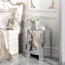Silver Gray Mirrored Nightstand W/Crystal-inlay