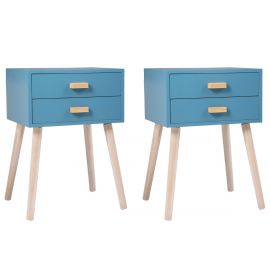 Mid-Century Modern Nightstand Set of 2 Wood Bedside End Table w/ 2 Drawers 