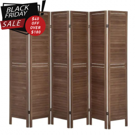 Brown 6-Panel Sycamore Wood Folding Screen Room Divider