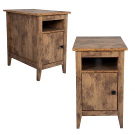 Rustic Wooden Narrow Nightstand End Table with Open Shelf and Large Cabinet Set of 2