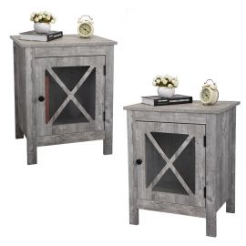 Rustic Set of 2 Wooden Nightstand with X-Design Glass Door, End Table Sofa Side Table