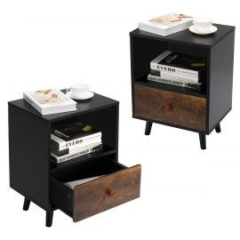 Set of 2 Mid Century Nightstand with Open Shelf and 1 Drawer, Black and Brown