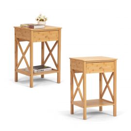 Set of 2 Modern Bamboo Nightstand 2-Tier Bed Sofa Side Table with Drawer and X-Side Shelf，Two Colors