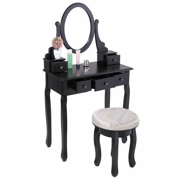 Classic Black Wood Bedroom Vanity Table Set