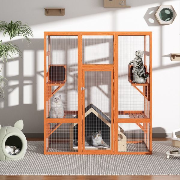 70 H Extra Large Wood Cat Enclosure Walk In Cat Playpen With Jumping Platforms Orange Jaxpety