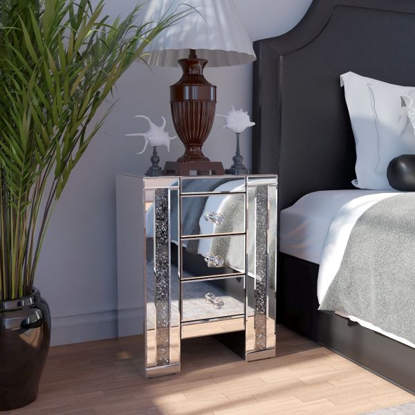 Silver Gray Mirrored Nightstand W/Crystal-inlay