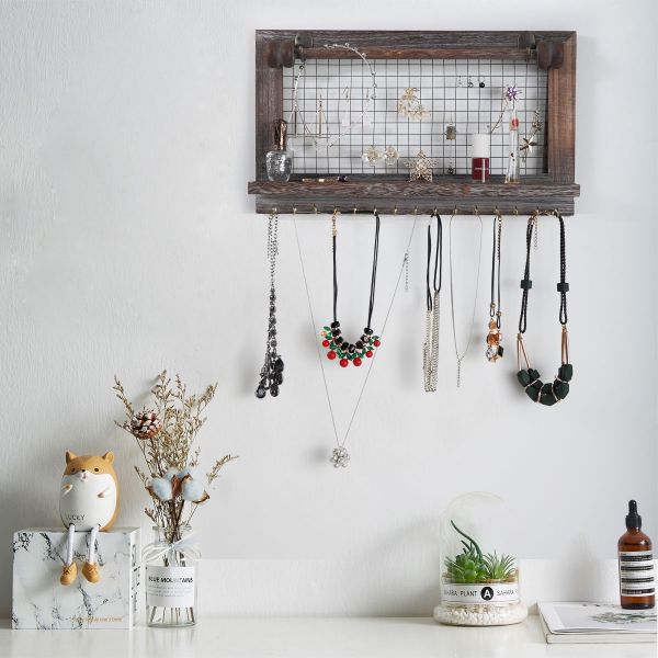 Wood Jewelry Necklace Wall Organizer W/Hooks, Shelf