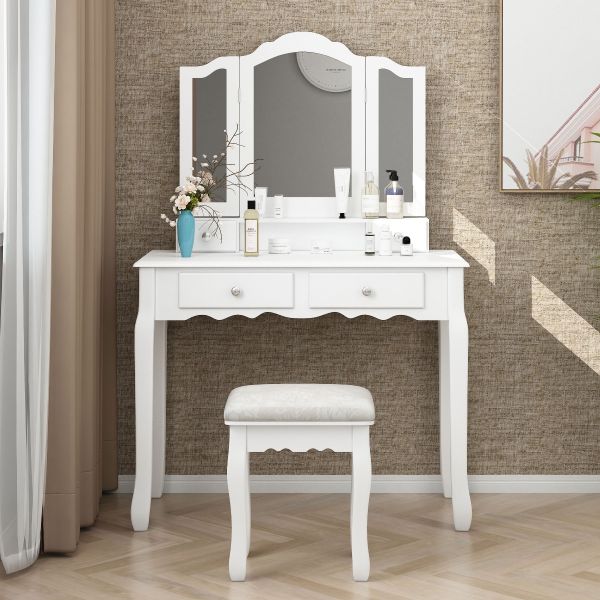 Modern Vanity Desk With Tri Folding, Triple Mirror Vanity Desk