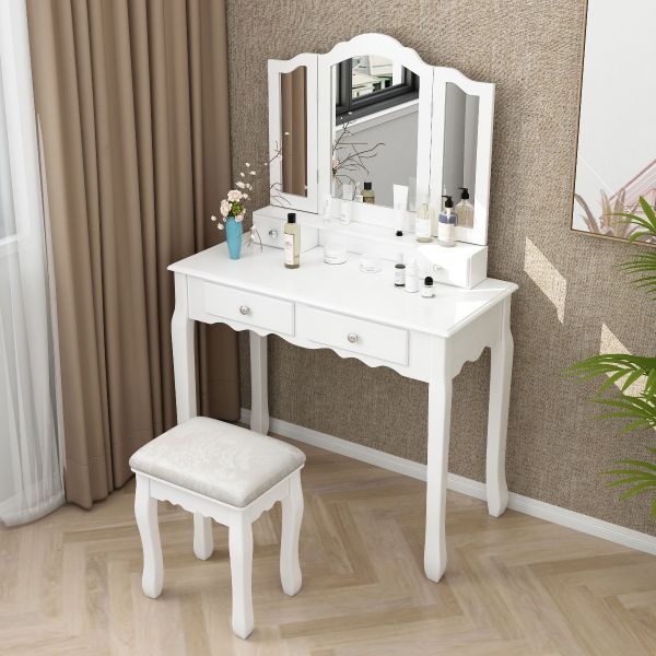 Modern Vanity Desk with Tri-Folding Mirror 