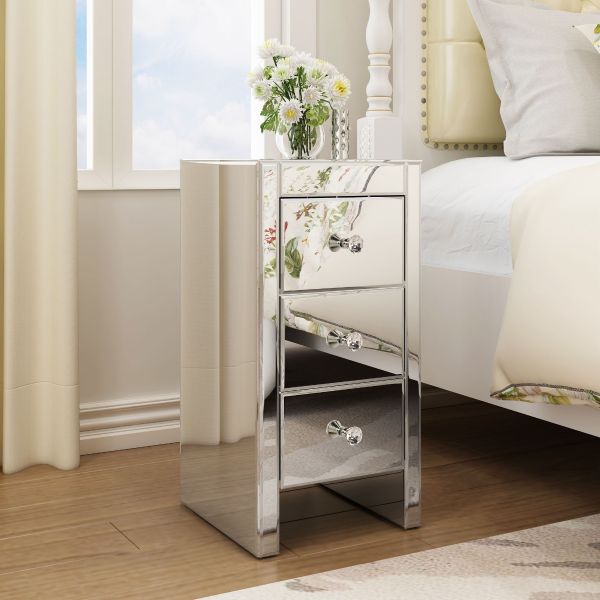 Glam Antique Mirrored Nightstand W/3 Drawers