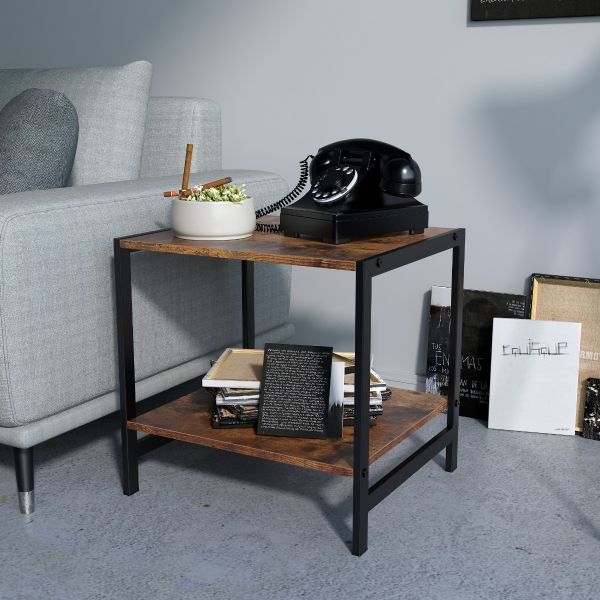 Compact Rustic Industrial Side Table W/ Storage Shelf