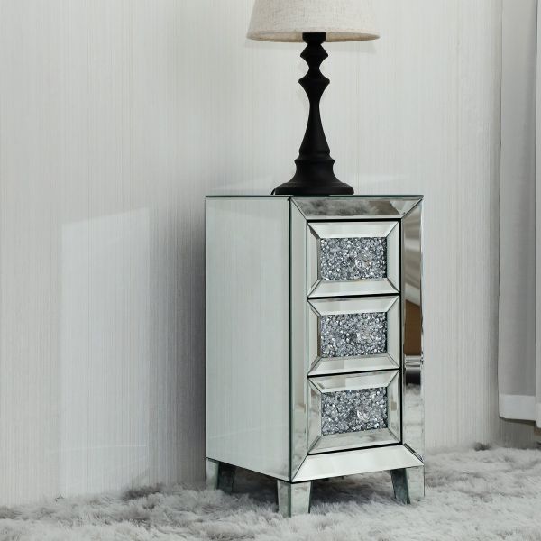 Silver Mirrored Crystal Bedside Table W/Crystal 3-Drawer