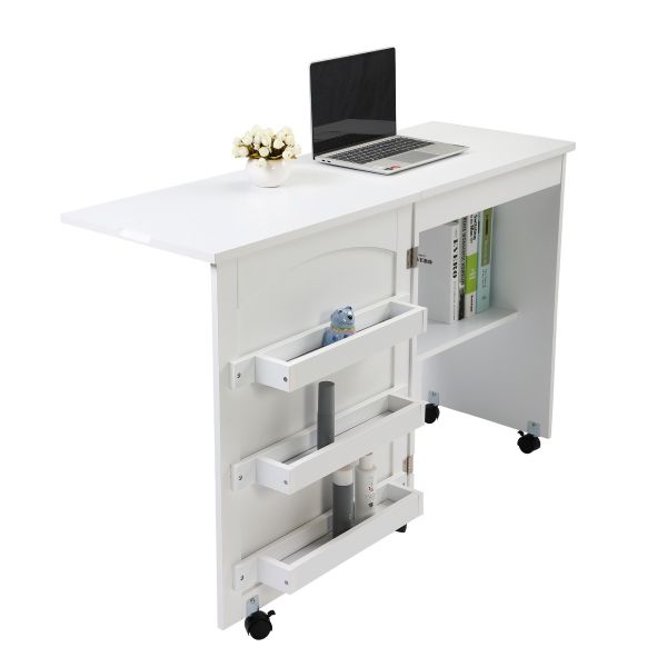 Jaxpety Folding Sewing Table Craft Table with Adjustable Versatile Shelves  Storage Cabinet Lockable Wheels,White