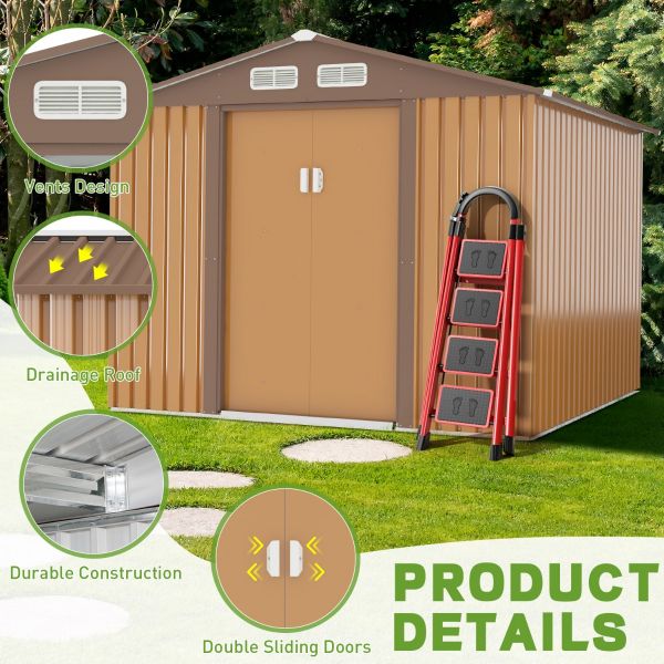 HOGYME 8 x 8 ft. Outdoor Storage Shed, Garden Tool Shed with Double Sliding  Doors, 4 Vents for Backyard Patio Lawn Pool, White+Gray 