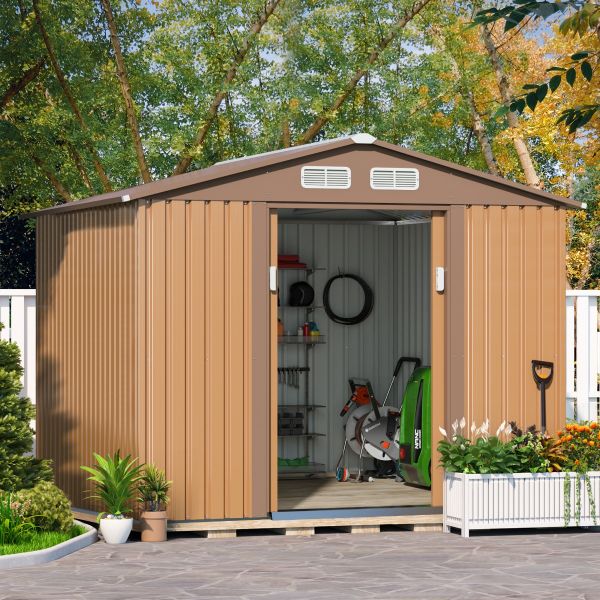 HOGYME 8 x 8 ft. Outdoor Storage Shed, Garden Tool Shed with Double Sliding  Doors, 4 Vents for Backyard Patio Lawn Pool, White+Gray 