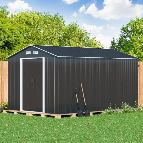 8' x 12' Outdoor Metal Storage Shed with Sliding Doors for Backyard ...