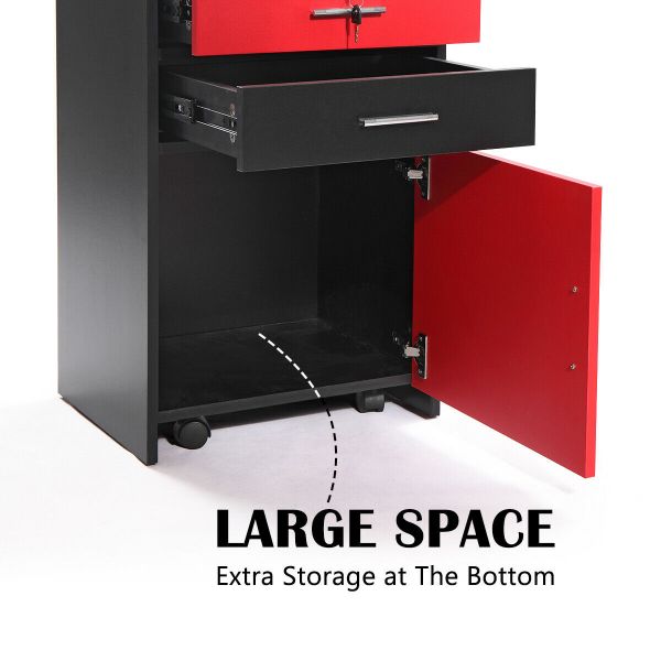Red + Black Rolling Barber Beauty Station Cabinet