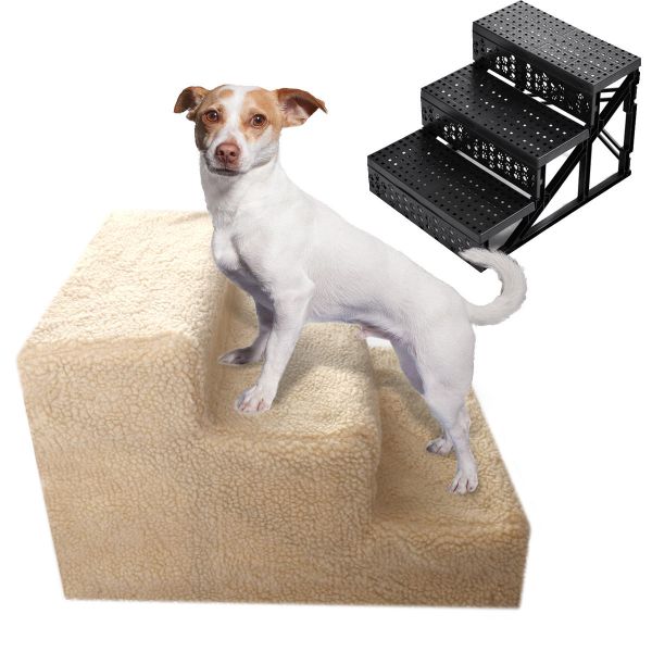 Plastic 3-Step Dog Stairs for Bed W/Plush Cover