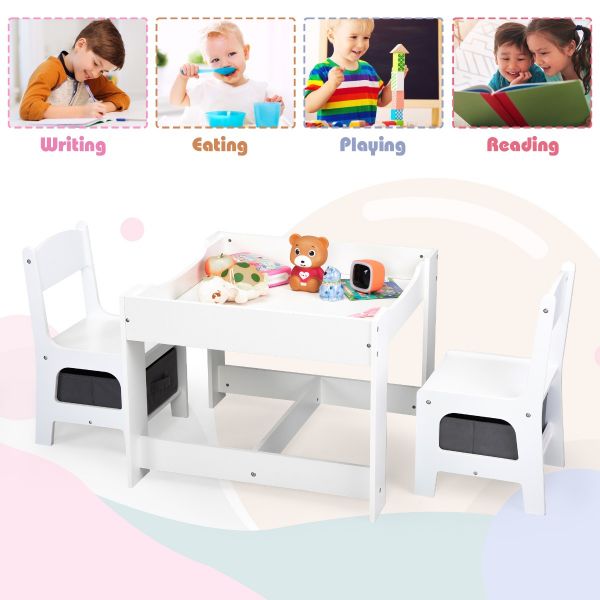 INFANS 2 in 1 Kids Art Table and Chair Set, Toddler Craft Play Wood Activity Desk with 2 Chairs for Drawing Writing, White