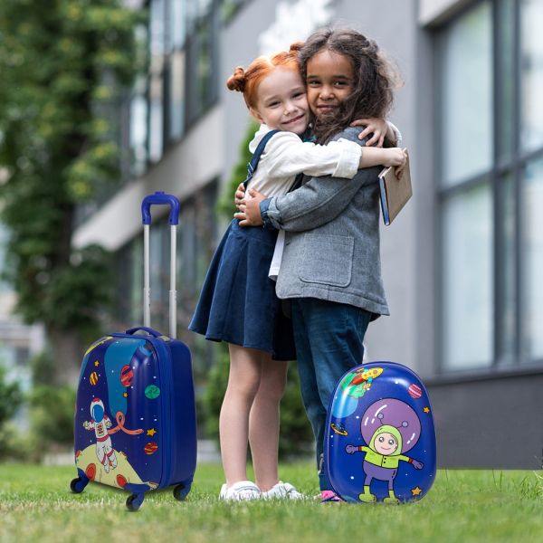 Costway 2PCS Kids Luggage Set 18'' Rolling Suitcase & 12'' Backpack Travel  ABS Spaceman Blue