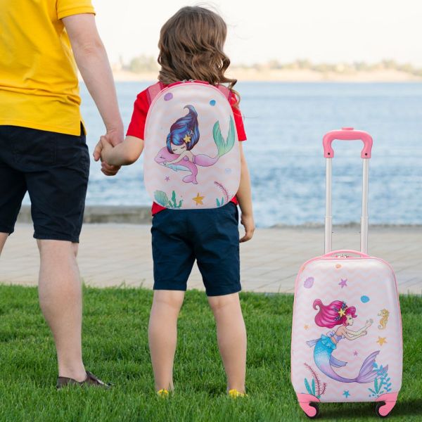 Kid Luggage w/Wheels for Girls, Toddler Rolling 16in Suitcase w/12in  Backpack, Girl Travel Carry-on, Mermaid