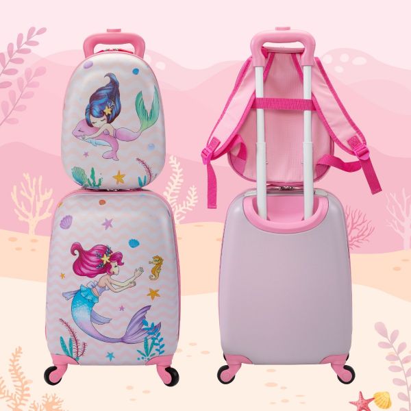 Jaxpety Kid Luggage w/Wheels for Girls, Toddler Rolling 16in Suitcase w/12in Backpack, Girl Travel Carry-On, Mermaid