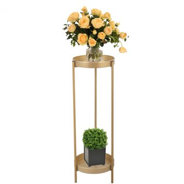 2-Tier Golden Plant Holder Shelf with 2 Round Trays