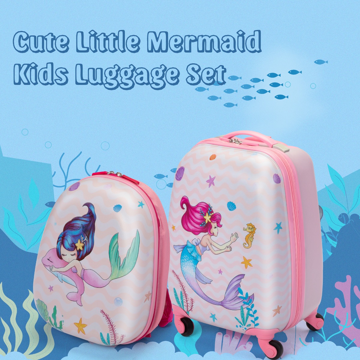 Jaxpety Kid Luggage w/Wheels for Girls, Toddler Rolling 16in Suitcase w/12in Backpack, Girl Travel Carry-On, Mermaid