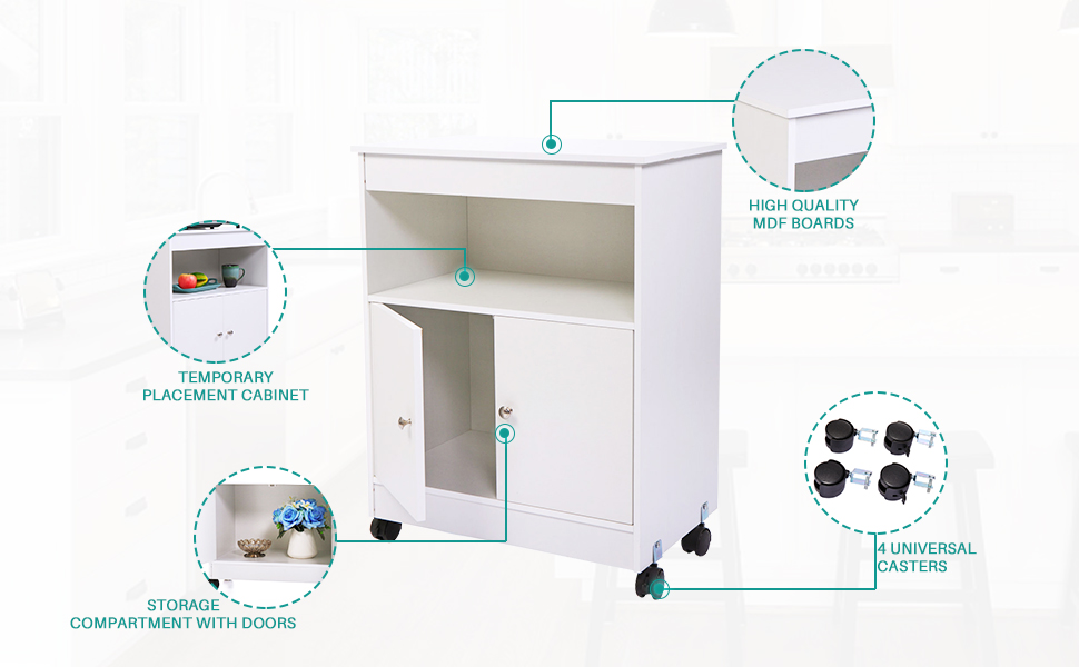 White Wood Storage Cabinet, Microwave Cart with 2 Doors 4 Casters